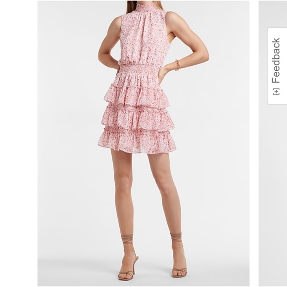 Express Dresses & Skirts - Printed Smocked Mock Neck Tiered Ruffle Dress